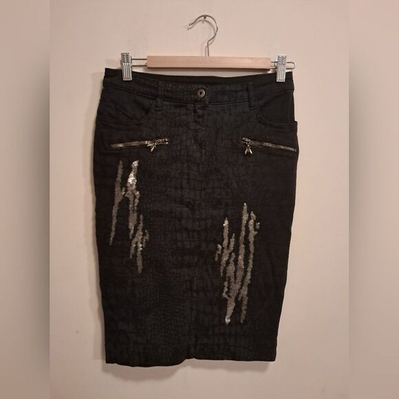 Patrizia Pepe Women's 42 (6) Black Denim Snake Printed Sequins Pencil Skirt - Picture 1 of 12